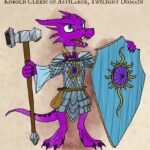 On a paperlike backdrop, a purple kobold stands defiantly, holding a board shield nearly as tall as he is and as a replica of the holy symbol of Astilabor. He also holds a warhammer as tall as he is, and is wearing a light blue linen shirt under dragonscale mail armor. His scales form a darker bow tie shape across his collar bone, and he has a necklace of adaptation around his neck