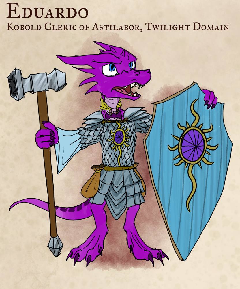 On a paperlike backdrop, a purple kobold stands defiantly, holding a board shield nearly as tall as he is and as a replica of the holy symbol of Astilabor. He also holds a warhammer as tall as he is, and is wearing a light blue linen shirt under dragonscale mail armor. His scales form a darker bow tie shape across his collar bone, and he has a necklace of adaptation around his neck