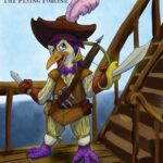 A dohwar - a Dungeons and Dragons species resembling penguins, except with clawed hands like their feet - stands on the deck of a pirate ship, brandishing a dagger and a sword. He wears a tricorn hat with an ostrich plume stuck in it, breeches, a flowing shirt, and leather gloves and armor. His plumage includes a mark in the shape of a bowttie at his neck, and he has a golden collar around his neck just above it. Caption: "Eduardo: Pirate captain of the Flying Porcine"