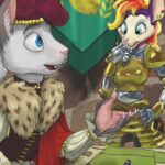 Aster, a male white squirrel dressed in princely garb, discusses strategy with Petal, a female possum dressed in shining armor. He wields a pusher over a tabletop map showing the layout of a convention center, with meeples representing assorted roles arranged on top.