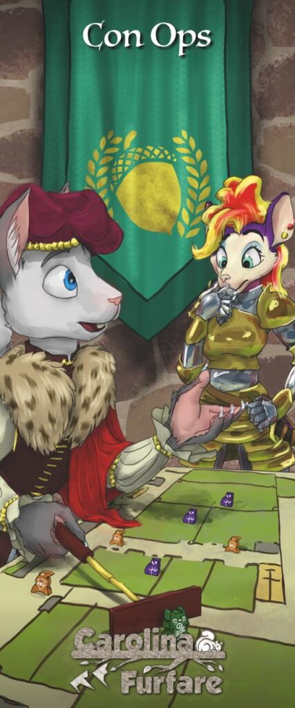 Aster, a male white squirrel dressed in princely garb, discusses strategy with Petal, a female possum dressed in shining armor. He wields a pusher over a tabletop map showing the layout of a convention center, with meeples representing assorted roles arranged on top.