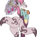 A three tailed kitsune holding a paper parasol printed with cherry blossoms, looks back over her shoulder at the viewer, with a wink and her tongue stuck out. She's dressed in hakama pants, a shirt that only reaches the pants, and a bow at the back.
