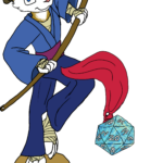 Pazu, a harengon (D&D's bunny species) stands on his overturned pack basket, balanced on one foot, as he swings his fishing pole, hurling the lead sinker towards the viewer. The sinker is actually a D20, with a red flag attached. The fishing line is missing, intended to be added later.