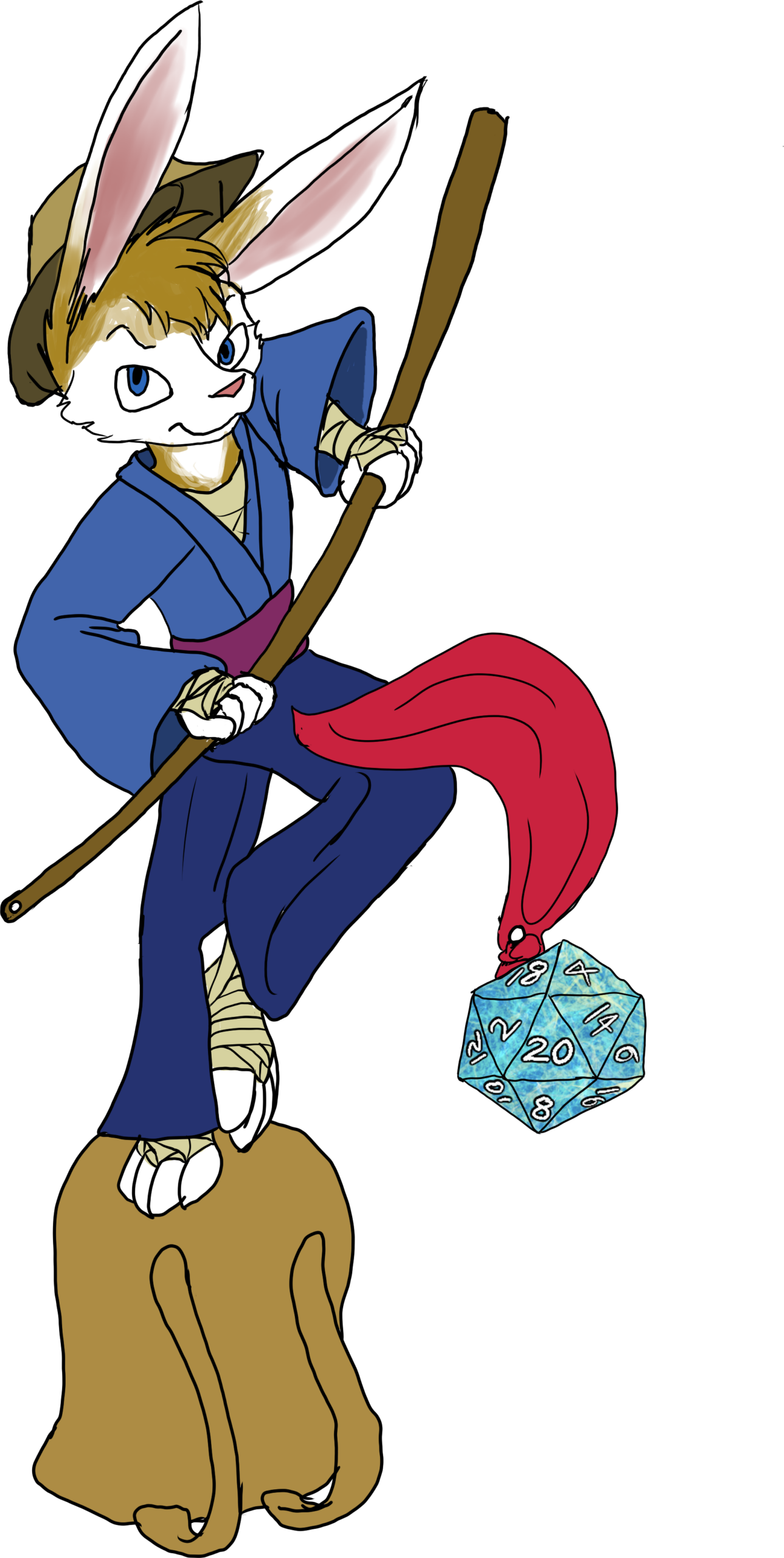 Pazu, a harengon (D&D's bunny species) stands on his overturned pack basket, balanced on one foot, as he swings his fishing pole, hurling the lead sinker towards the viewer. The sinker is actually a D20, with a red flag attached. The fishing line is missing, intended to be added later.